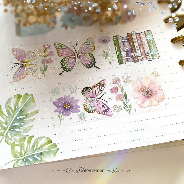 Butterfly Garden Foiled PET Tape | Clear Matte Tape with Confetti Holo Foil
