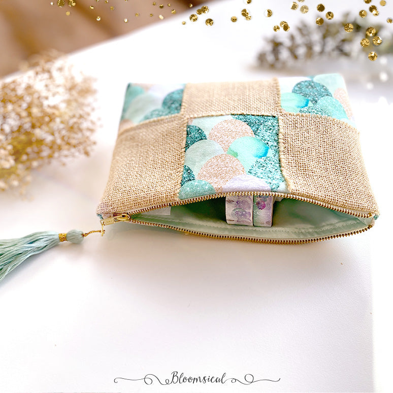 Mermaid Scales Patchwork Pouch with Tassel - Large Hand crafted Pouch