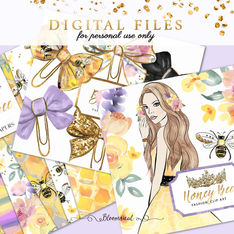 Honey Bee Digital Cliparts, Papers, Bow Clips BUNDLE DEAL
