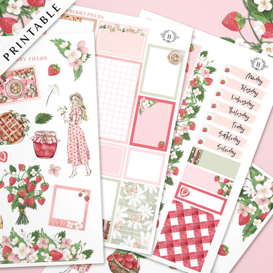 Strawberry Fields Printable Stickers for Journaling & Planner Including Cut Files
