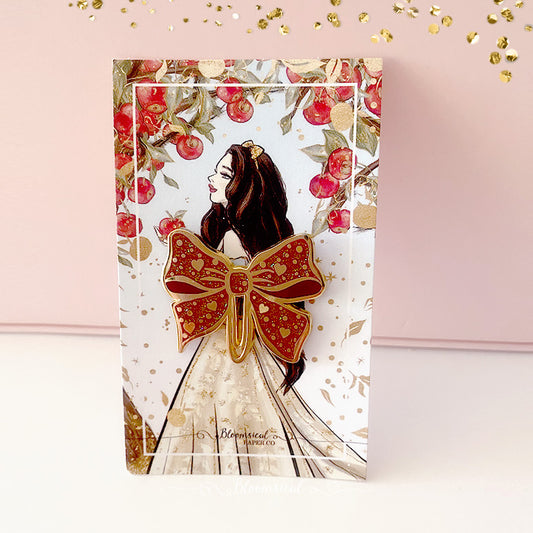 Colorful Glitter Bow Clip Enamel Pin - Red + Gold