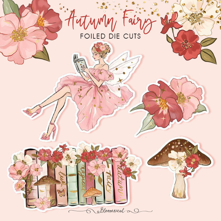 Autumn Fairy 4 Die Cut Stickers with Gold Foil Accents
