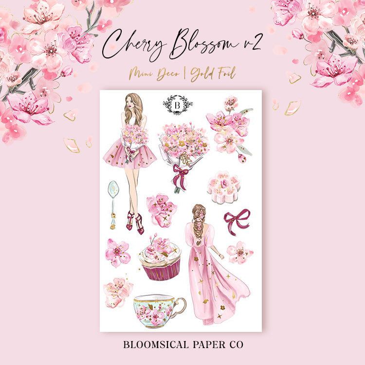 Cherry Blossom Mini Deco Sticker Sheet Gold Foil