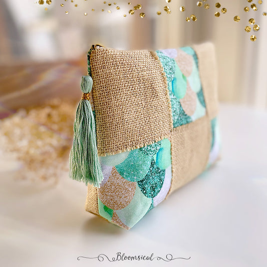 Mermaid Scales Patchwork Pouch with Tassel - Large Hand crafted Pouch