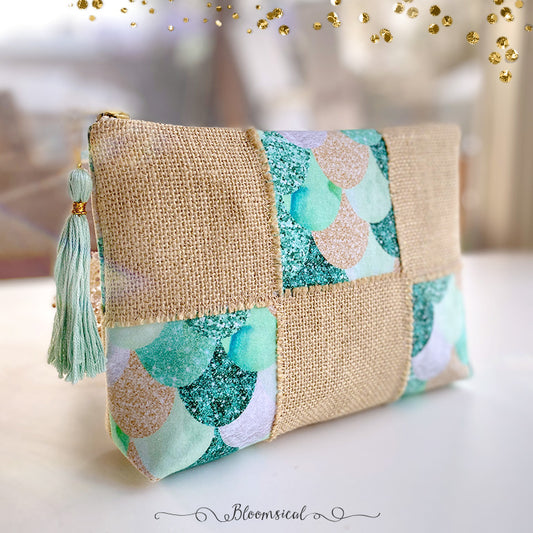 Mermaid Scales Patchwork Pouch with Tassel - Large Hand crafted Pouch