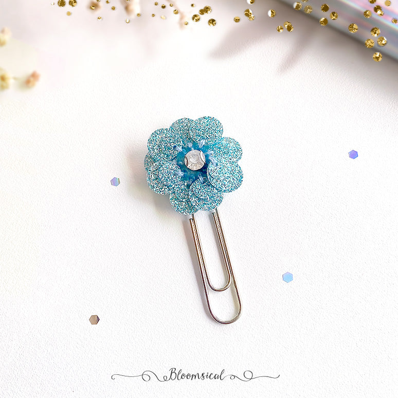 Blue Glitter Flower Paper Clip Planner Accessories