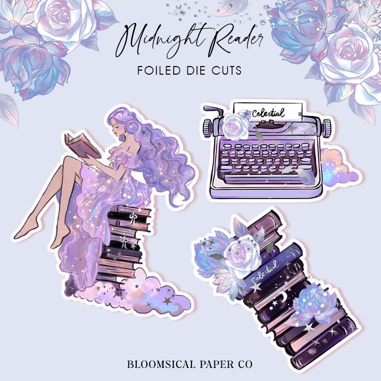 Midnight Reader 3 Die Cut Stickers with Silver Foil Accents