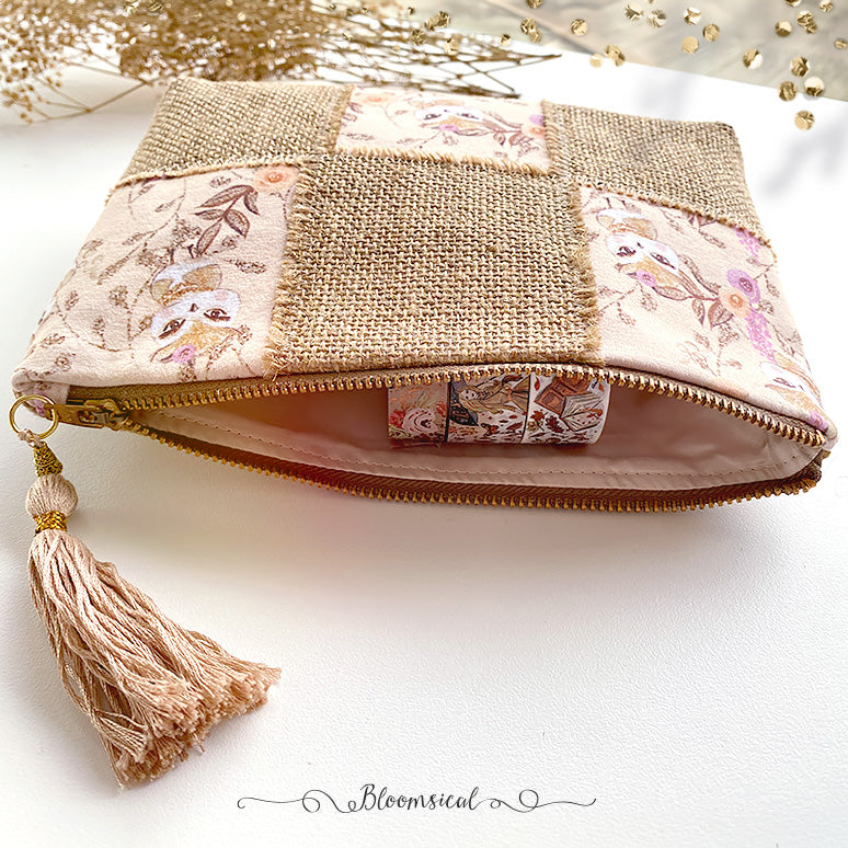 Owl Patchwork Pouch with Tassel - Large Hand crafted Pouch