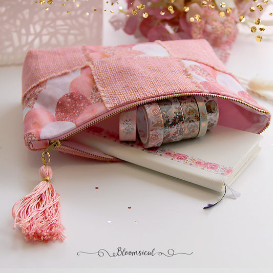 Rose Mermaid Scales Patchwork Pouch with Tassel - Large Hand crafted Pouch