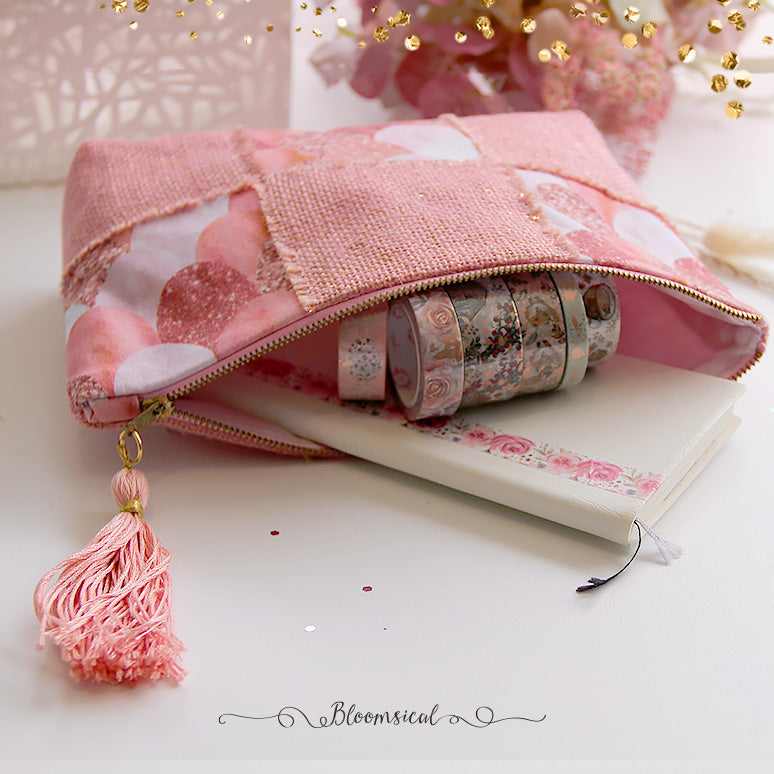 Rose Mermaid Scales Patchwork Pouch with Tassel - Large Hand crafted Pouch