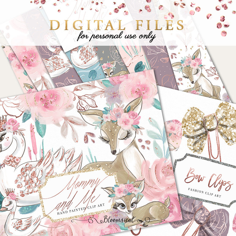 Woodland | Mommy & Me Digital Cliparts, Papers, Bow Clips BUNDLE DEAL